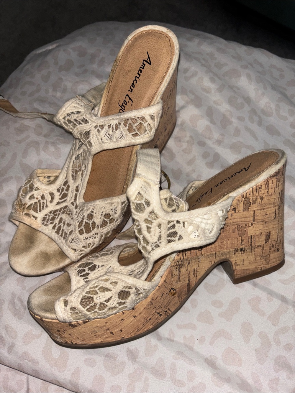 American Eagle Outfitters Cream Lace Cork Wedge Sandals